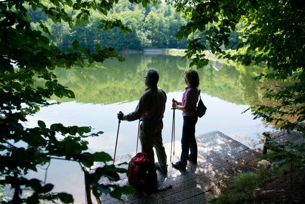 Paar steht auf Steg und schaut auf den Wiesenbek