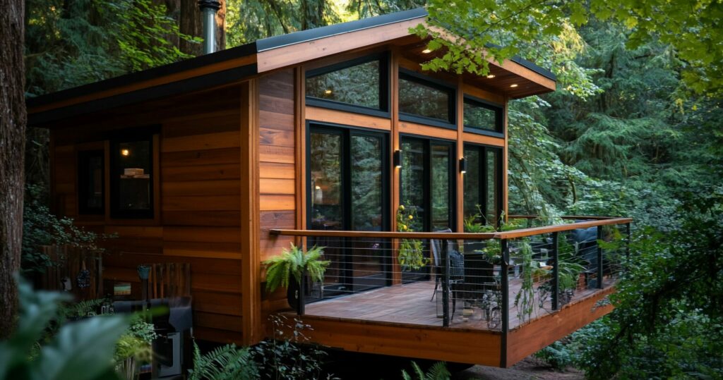 Modern cabin nestled amongst lush greenery with a spacious deck and large windows.