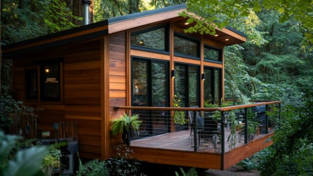Modern cabin nestled amongst lush greenery with a spacious deck and large windows.